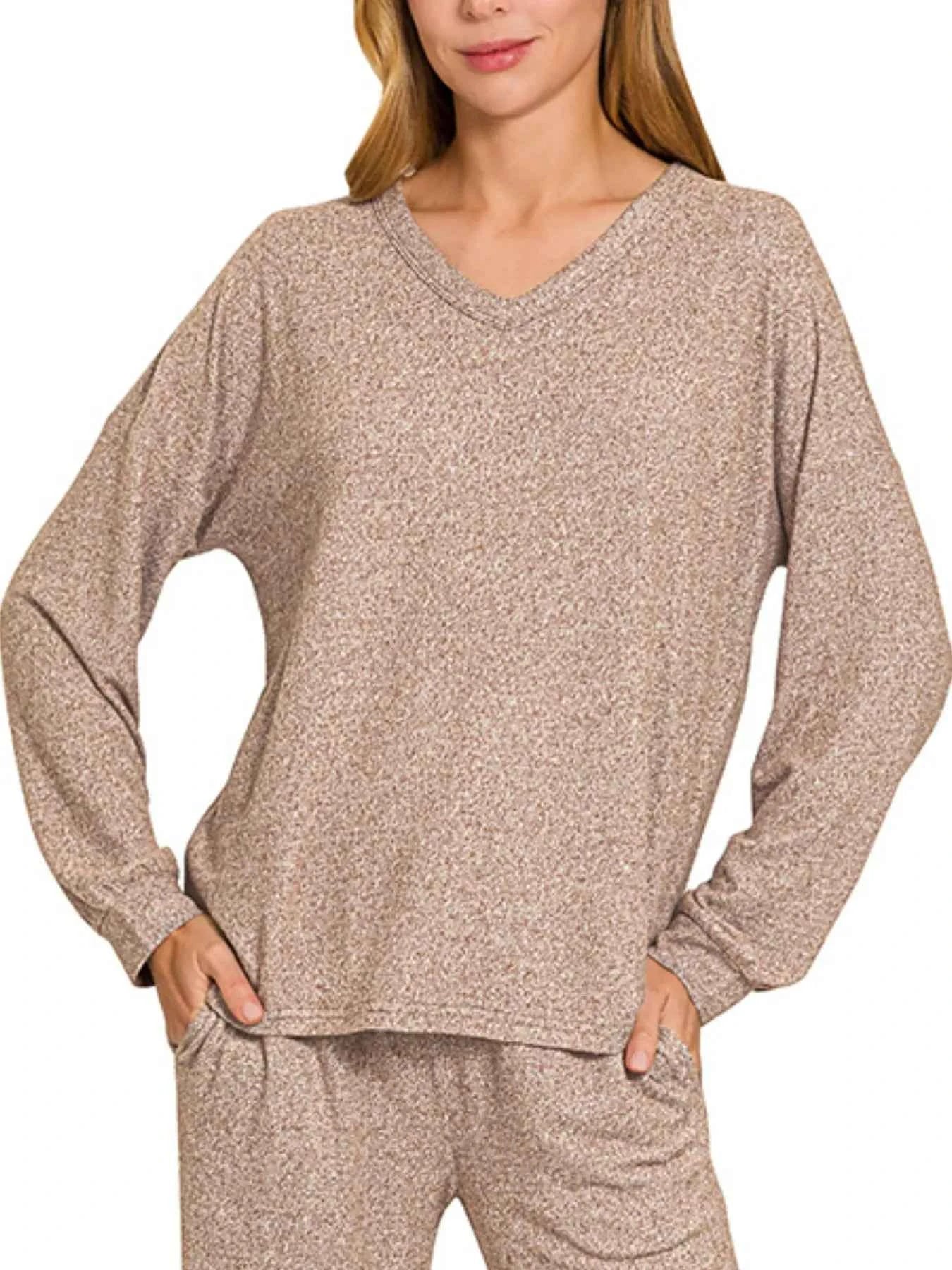 Zenana Soft Melange Long Sleeve Tee & Pants Set BROWN 7b979e30-de1d-4dac-aaa6-60925158b589-Max-Origin
