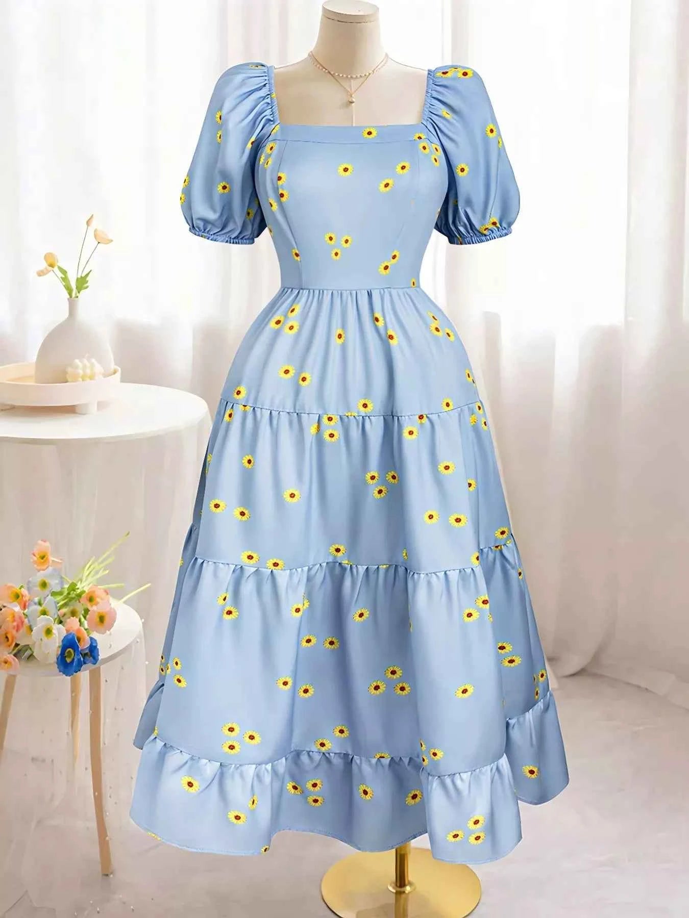Daisy Print Puff Sleeve Tiered Maxi Dress 7bd71a22-e515-479c-9913-608c926480c1-Max-Origin