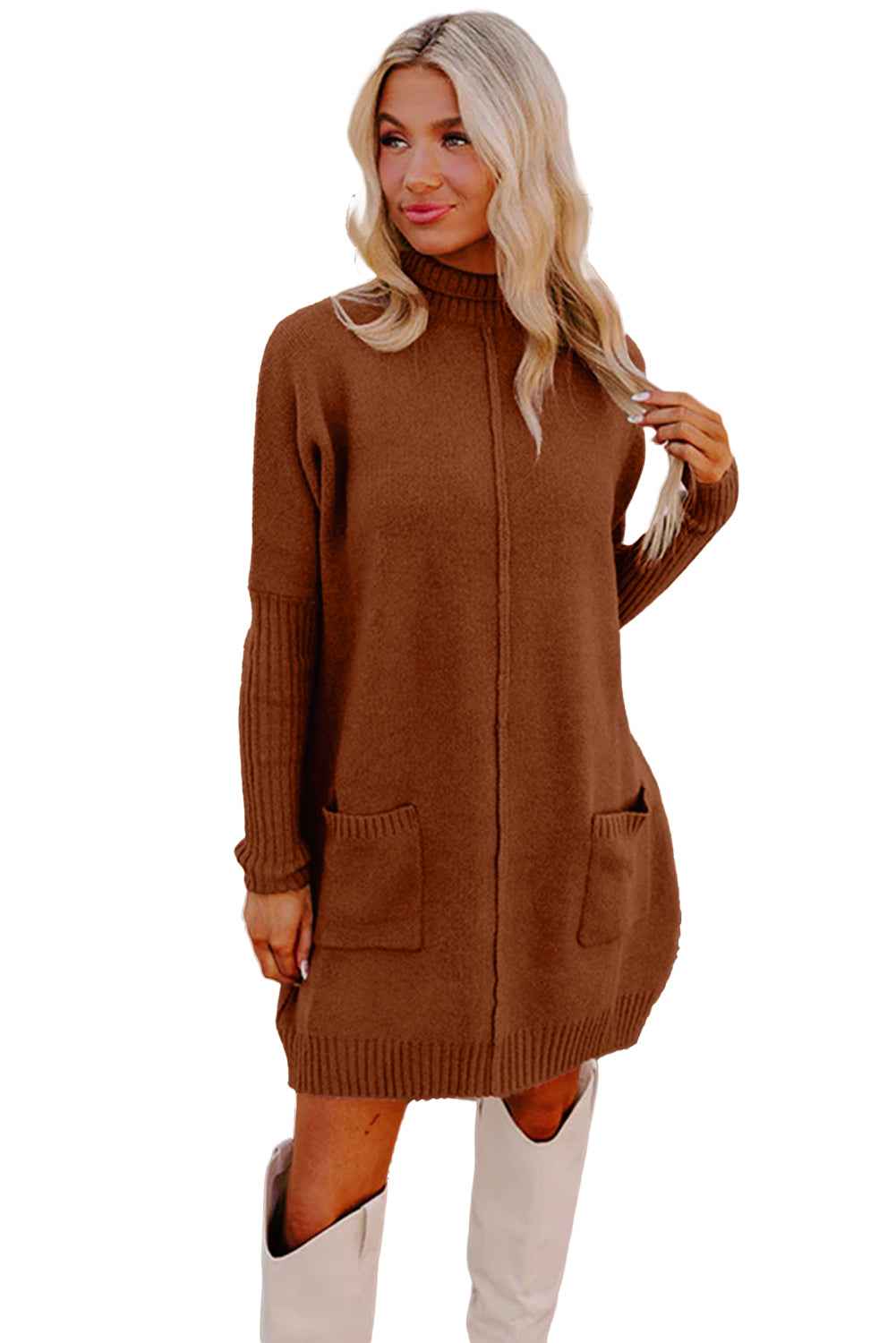 Chestnut Ribbed High Neck Front Pockets Center Seam Shift Sweater Dress Chestnut 52%Viscose+26%Polyester+22%Polyamide 7c1a879fedf8c8a7