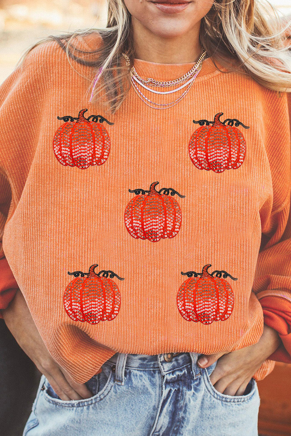 Orange Sequin Pumpkin Patched Twisted Rib Baggy Sweatshirt 7c30f6674a3bd5ee