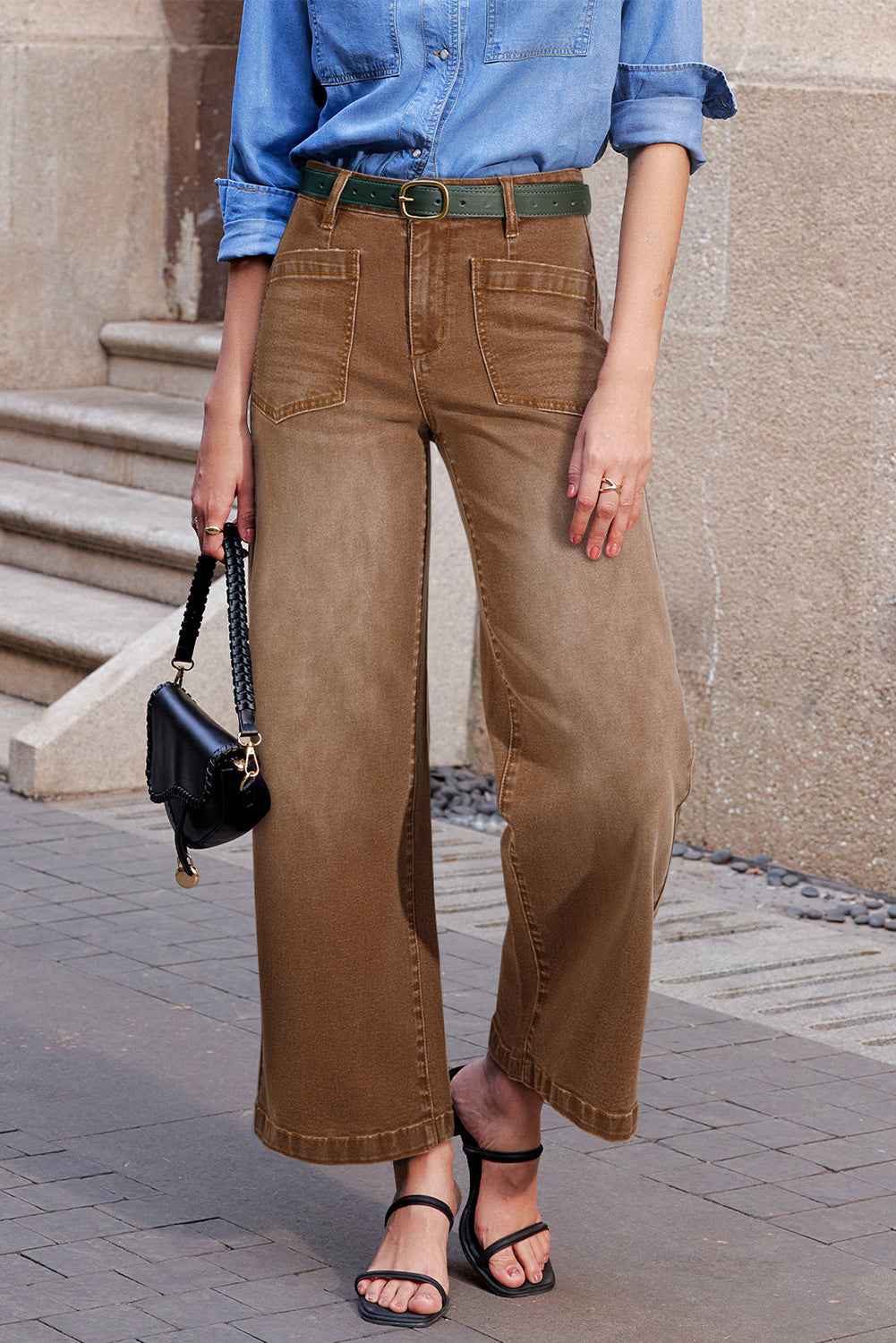 Brown Minimalist Patch Pocket High Waist Shift Jeans Brown 65%Cotton+33%Polyester+2%Elastane 7c9230043d33f252