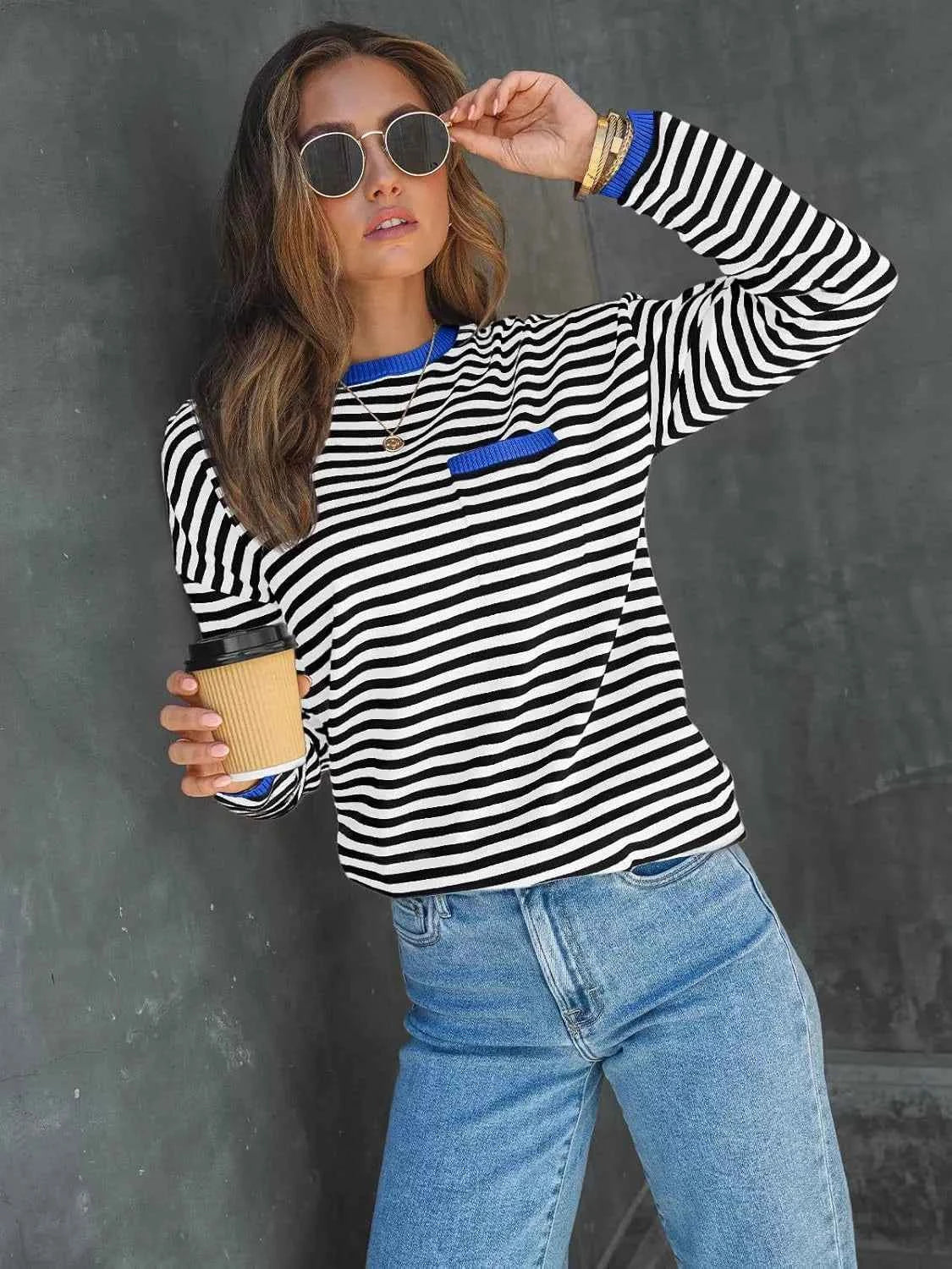 Striped Long Sleeve Sweater with Contrast Ribbed Trim Black Royal Blue 7d13d8fe-7b64-4467-9040-cb49381d4a8c-Max-Origin