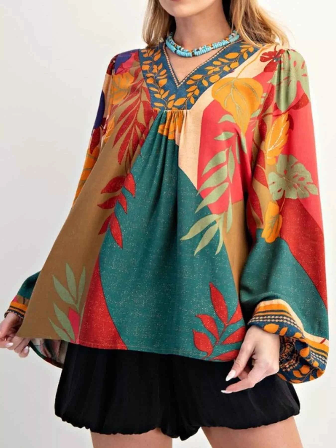 Tropical Print Balloon Sleeve Blouse Green 7d2d73d7-2c74-4a12-b086-8a63f3fedd95-Max-Origin