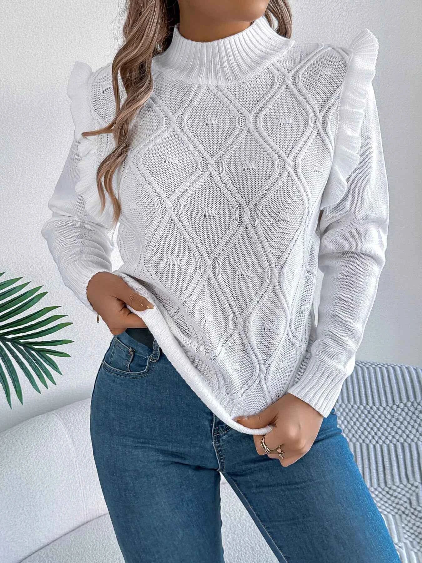 Mock Neck Ruffle Trim Long Sleeve Sweater White 7d44e46e06e3464582f5c4f5d8ac7a3b-Max-Origin