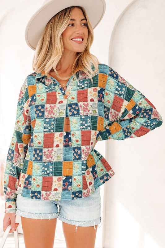 Floral Patchwork Long Sleeve Collar V-Neck Blouse Sky Blue 7d599ae2-2dee-486f-b8b1-8ad6b378f2f4