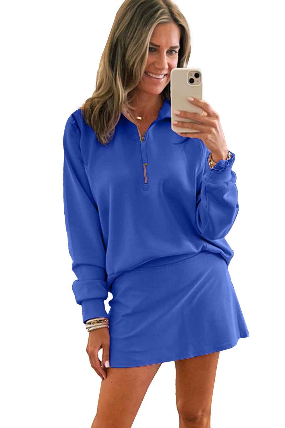 Dark Blue Half Zip Pullover Mini Skirt 2pcs Outfit 7d5a55ad0985febb