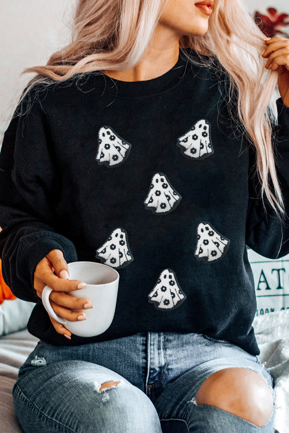 Black Playful Halloween Ghost Terry Flocking Loose Pullover Sweatshirt 7da41eedc823307c