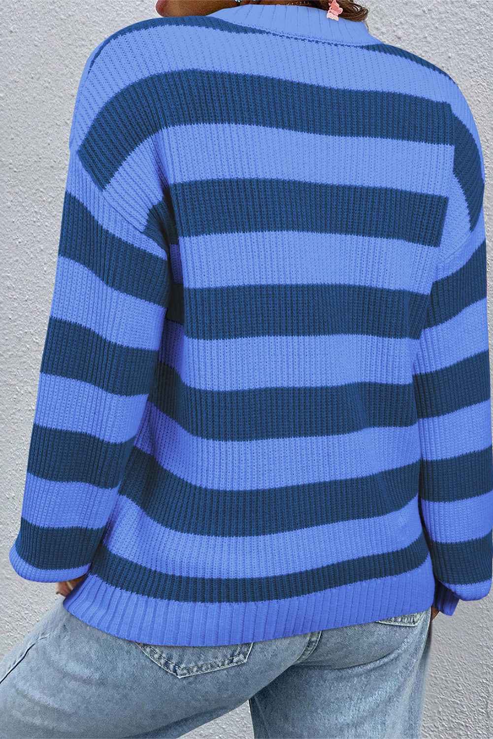 Blue Striped Drop Shoulder Casual Sweater 7daf7cefc3c5e826
