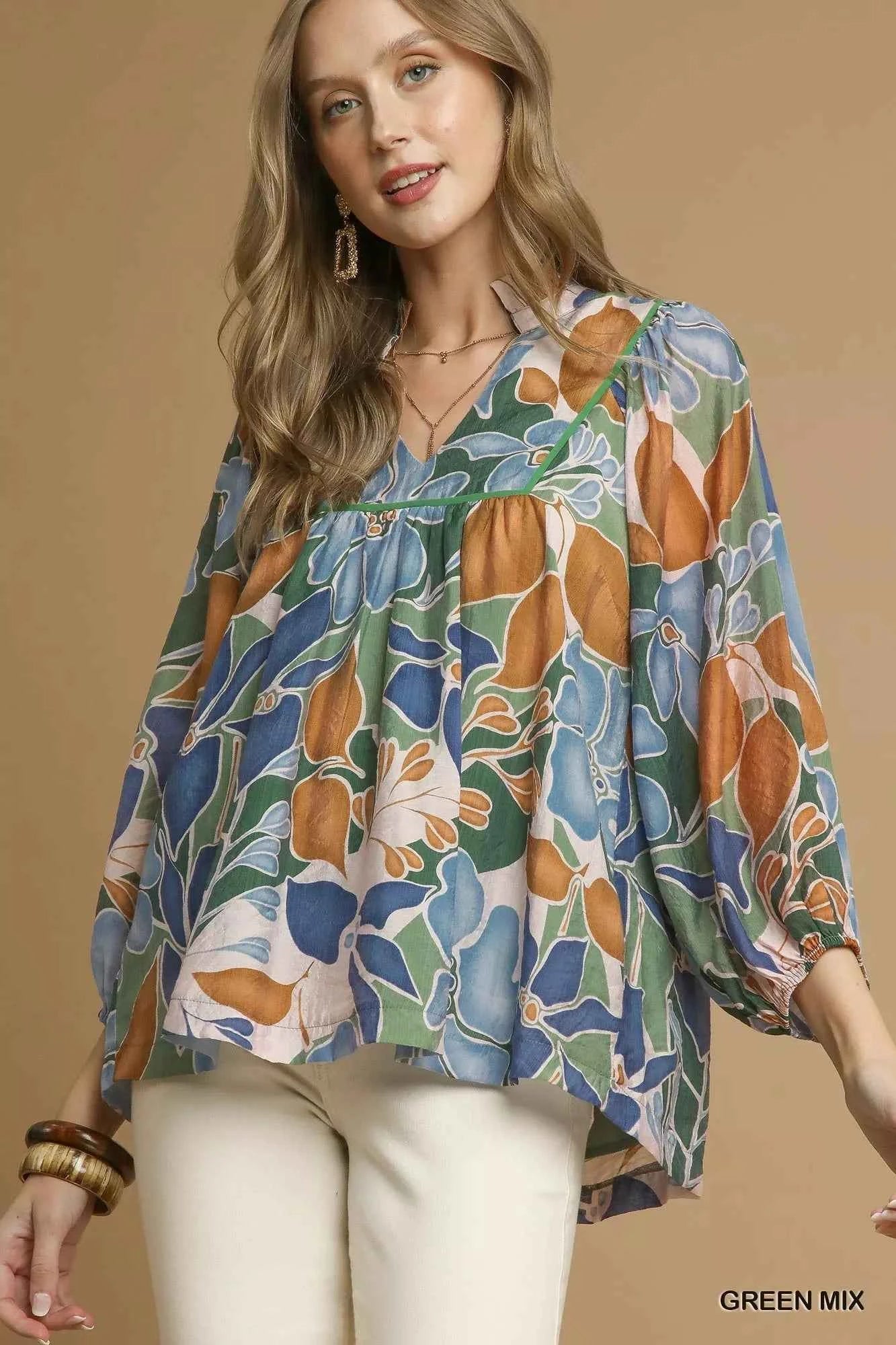 Umgee Multicolor Abstract Floral Print Blouse with Ruffle Neck GREEN MIX 7e0aa590-361f-48e1-ad5c-d1df304953a5-Max-Origin