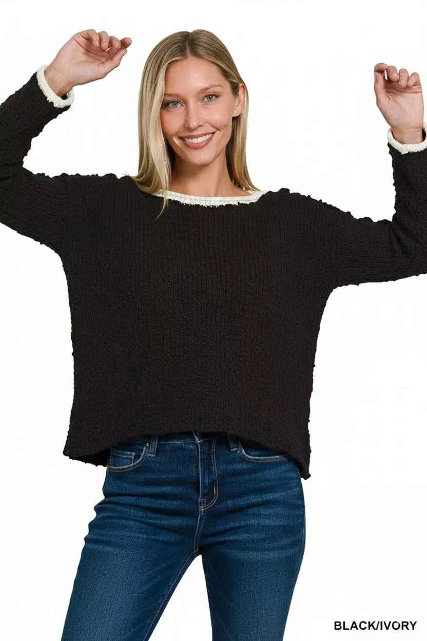 Zenana Contrast Trim Cropped Sweater