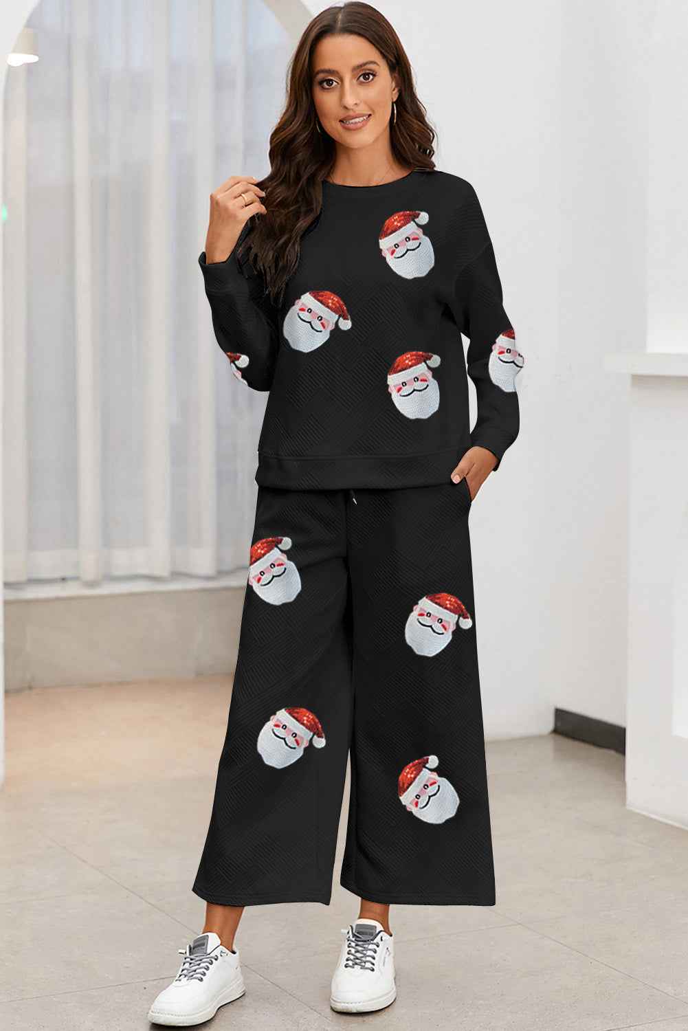 Black Christmas Santa Clause Graphic Sequins Patch Textured Pants Set