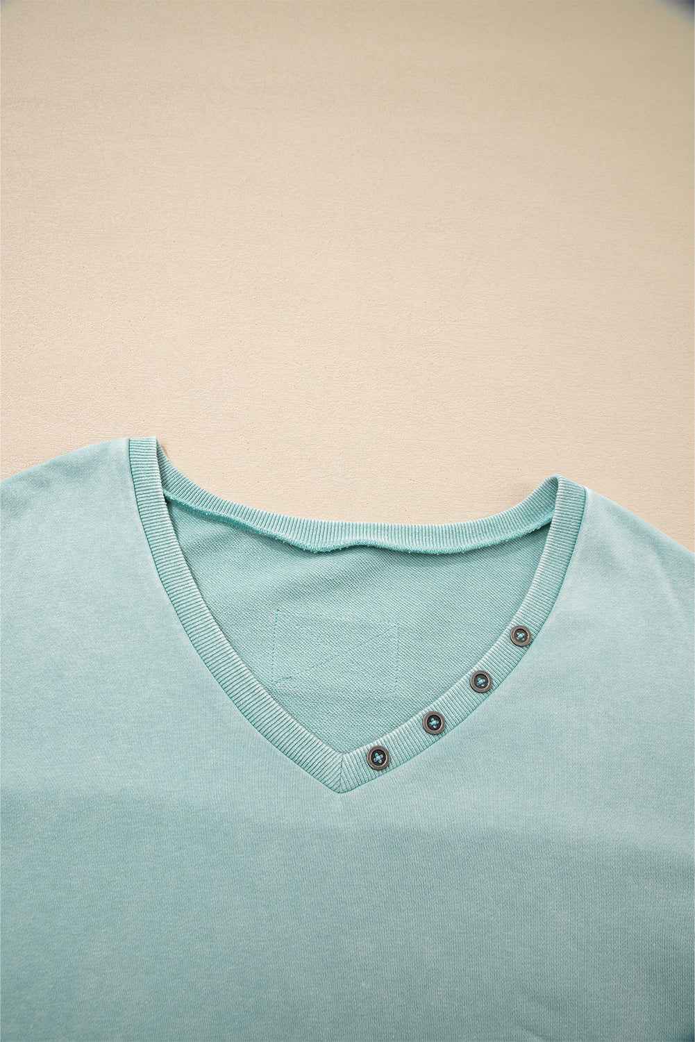 Mist Blue Mineral Wash Exposed Seam Buttoned V Neck Pullover Top