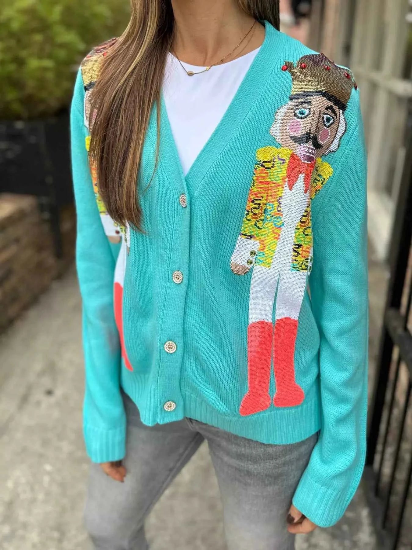 Nutcracker Ribbed Hem V-Neck Cardigan Sky Blue 8004322d-040c-4816-a920-445b01977d36-Max-Origin