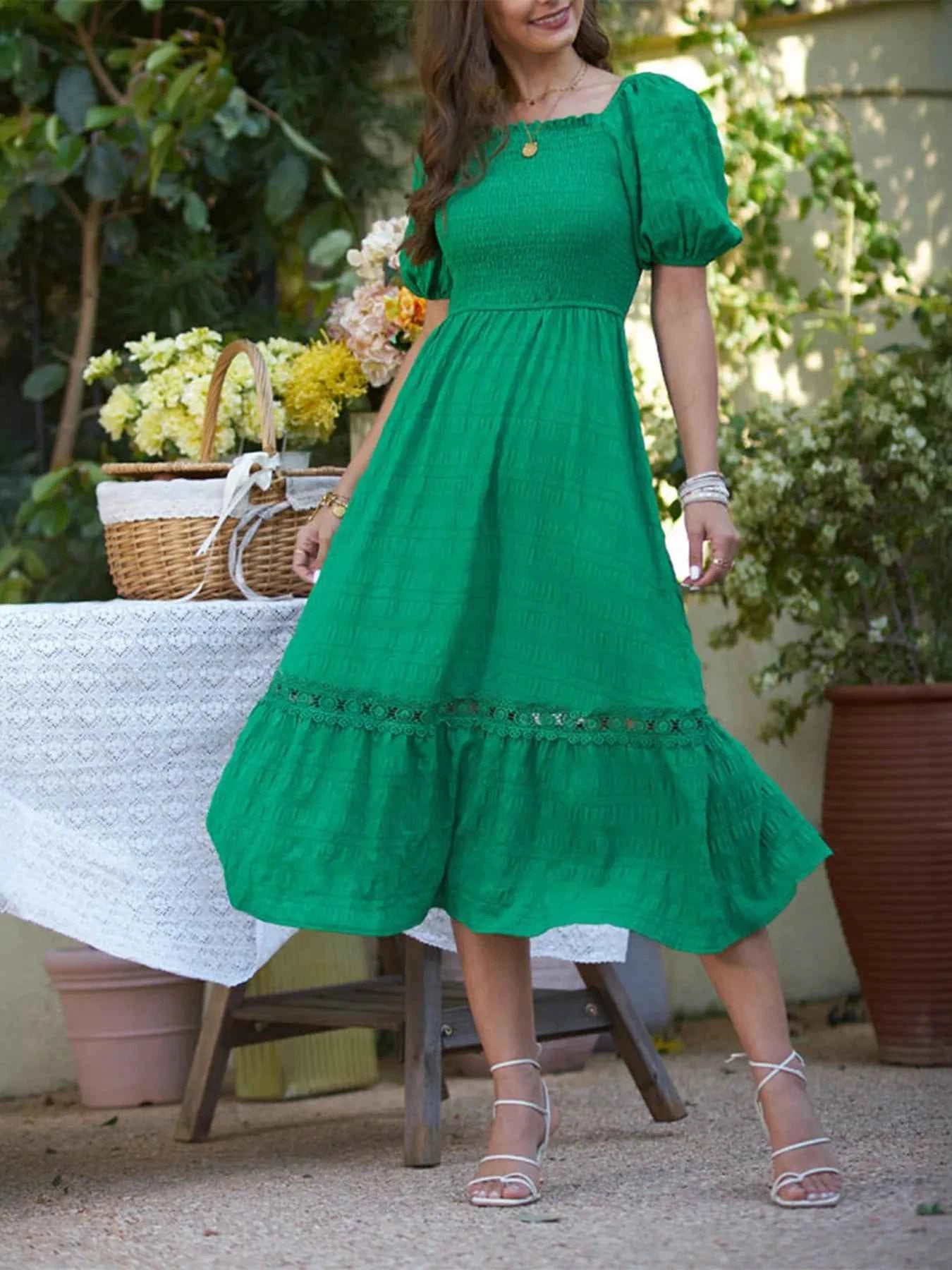 Smocked Puff Sleeve Tiered Dress Green 80257fb38cd3413eab48ac905fe99bc8-Max-Origin
