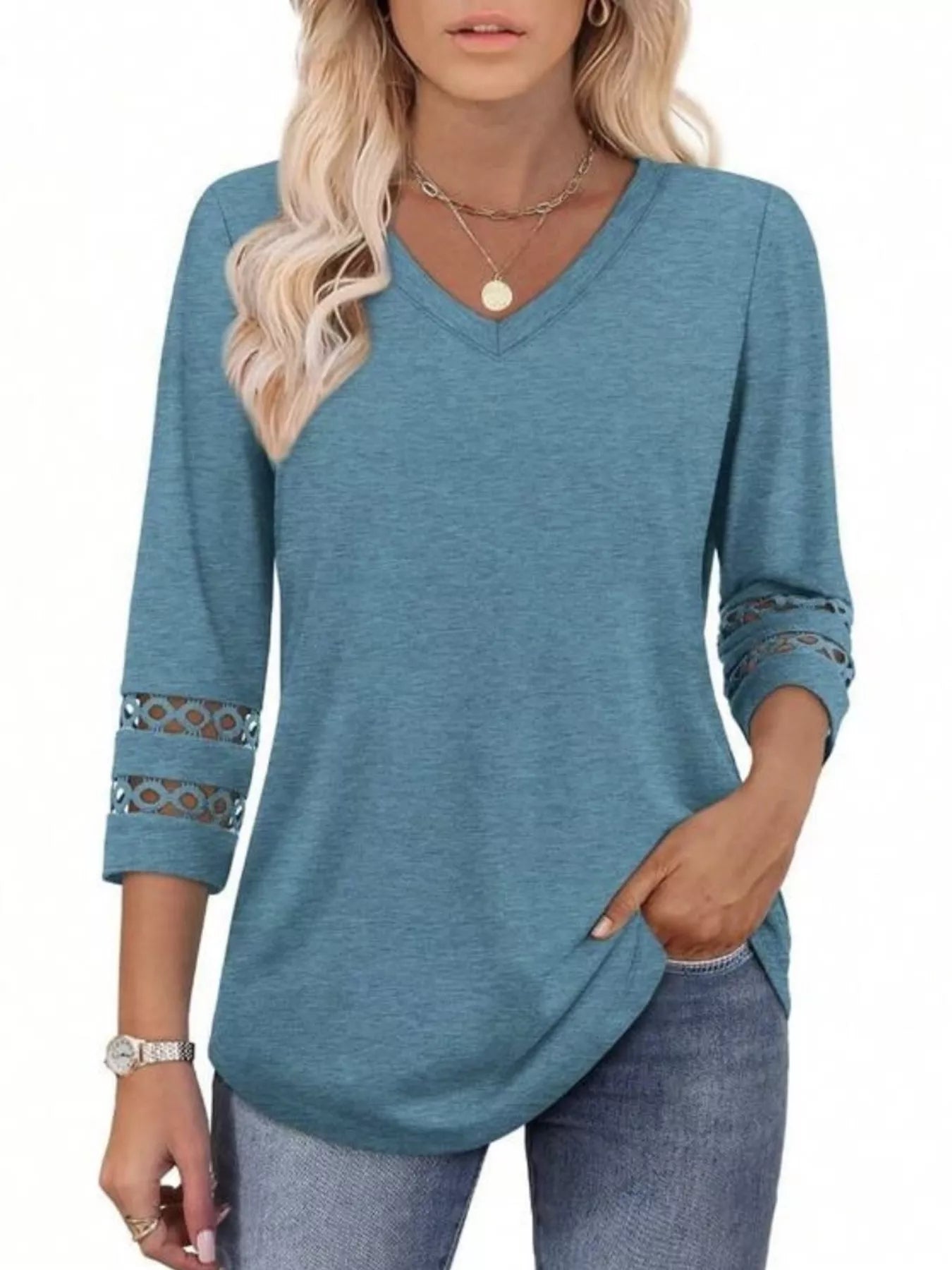 Full Size V-Neck 3/4 Sleeve T-Shirt Plus Size Indigo 80299bcfeaff44d39eb4262af3393aa2-Max-Origin