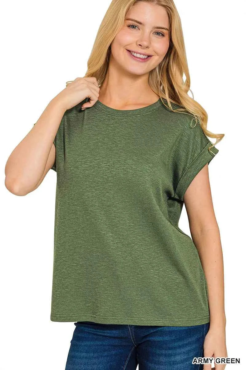 Zenana Cotton Modal Slub Rolled Sleeve T-Shirt ARMY GREEN 802a07e6-b202-4ddc-a51f-4ce95a90abeb-Max-Origin