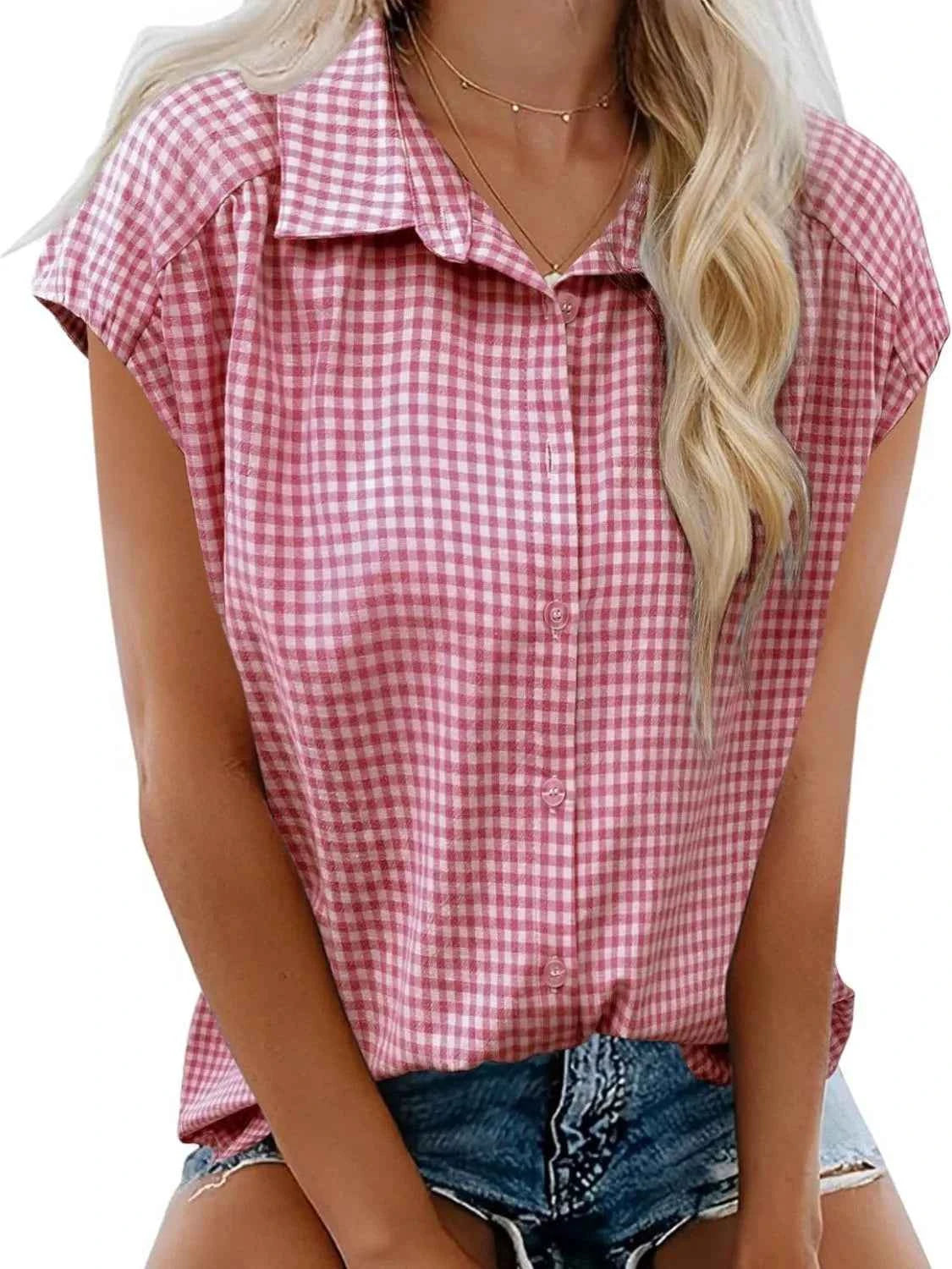 Plaid Button Up Cap Sleeve Shirt Moonlit Mauve 80f50ef3-2672-4d7b-8a8a-7688943bf7fb-Max-Origin