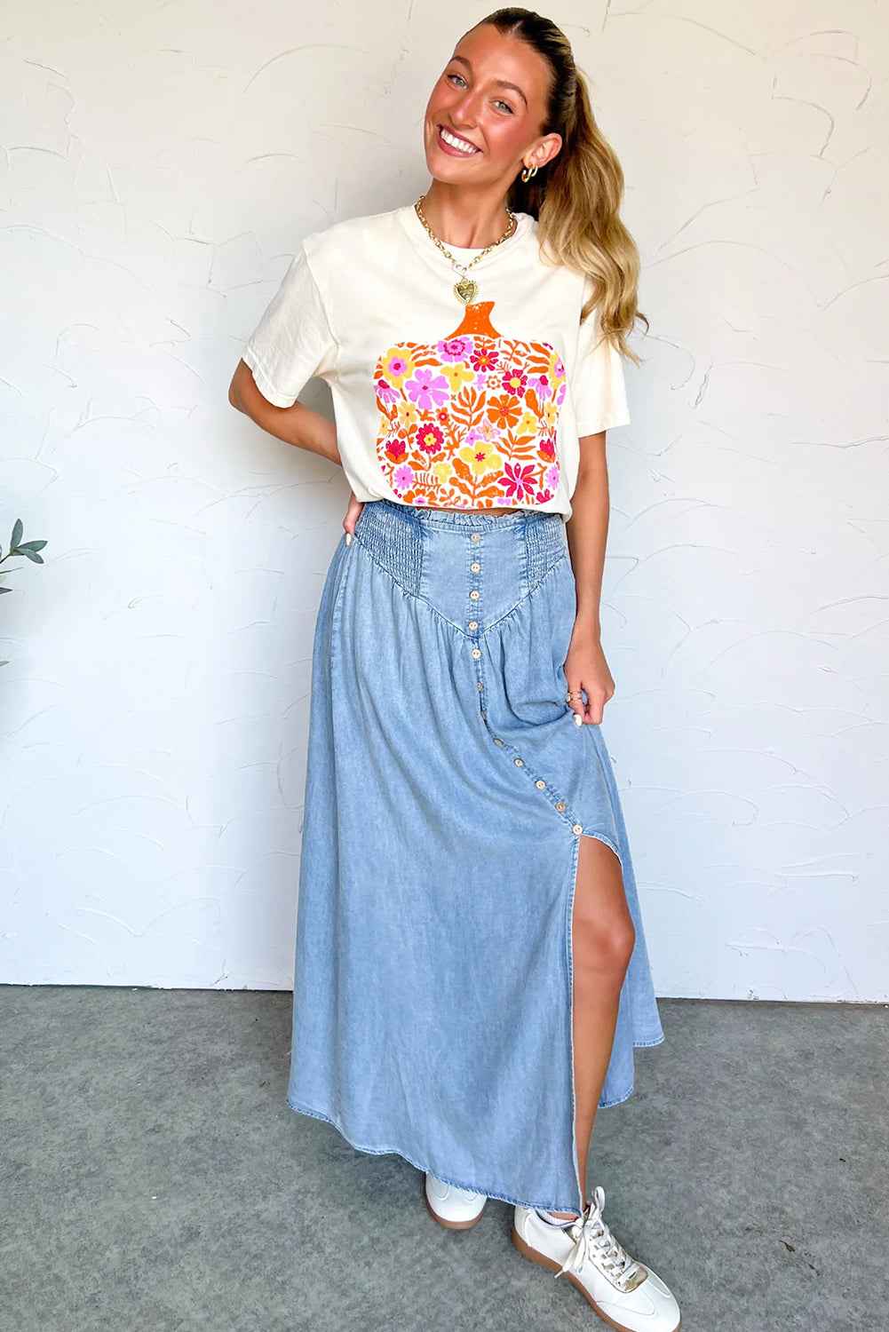 White Floral Pumpkin Heat Transfer Printing Graphic Tee White 62%Polyester+32%Cotton+6%Elastane 80f9d6e8f77398ae
