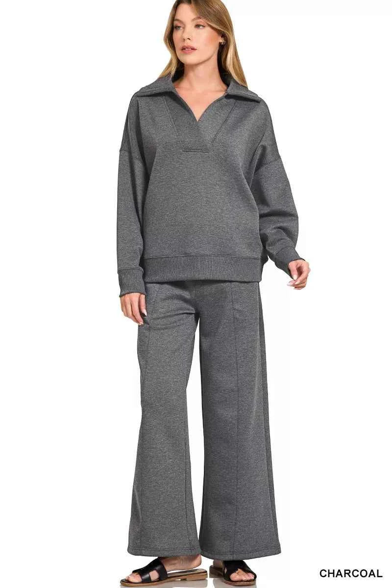 Zenana Scuba Collared Pullover and Pants Set CHARCOAL 816ae5964c7e4a29845b18f6b92cf51c-Max-Origin