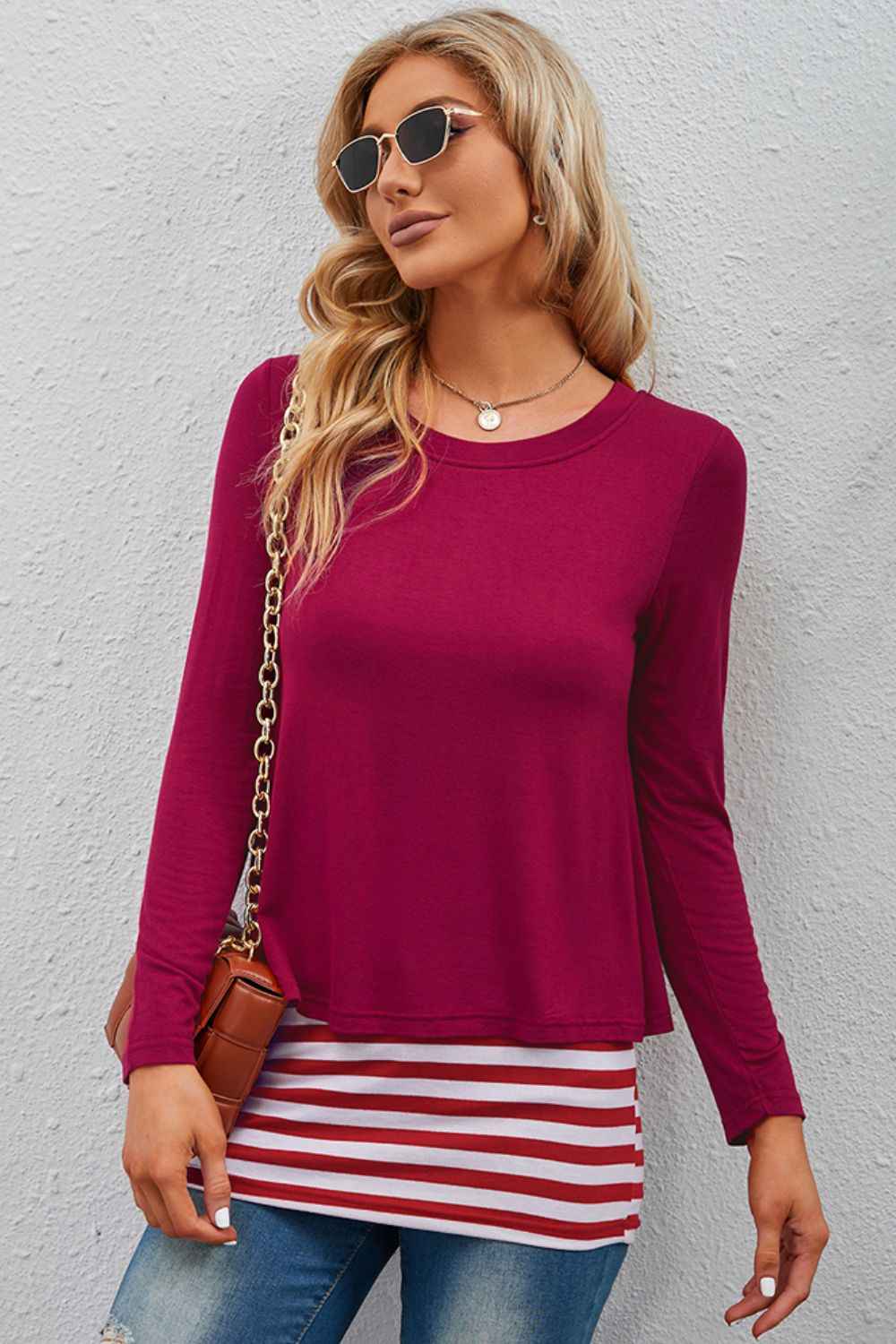 Full Size Striped Faux Layered Long Sleeve Top Wine 81f21092c7d64a068c249e9088f957ff-Max