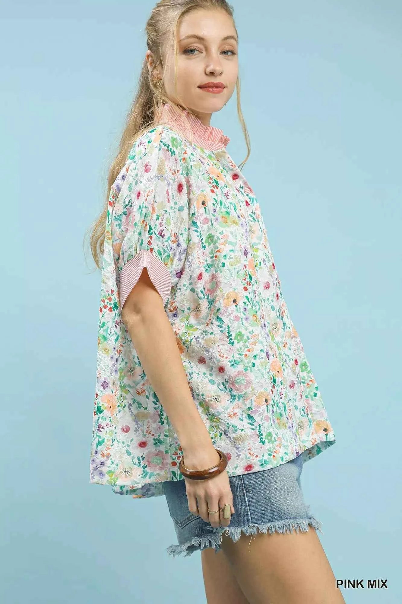Umgee Jacquard Floral Print Button-Down Shirt