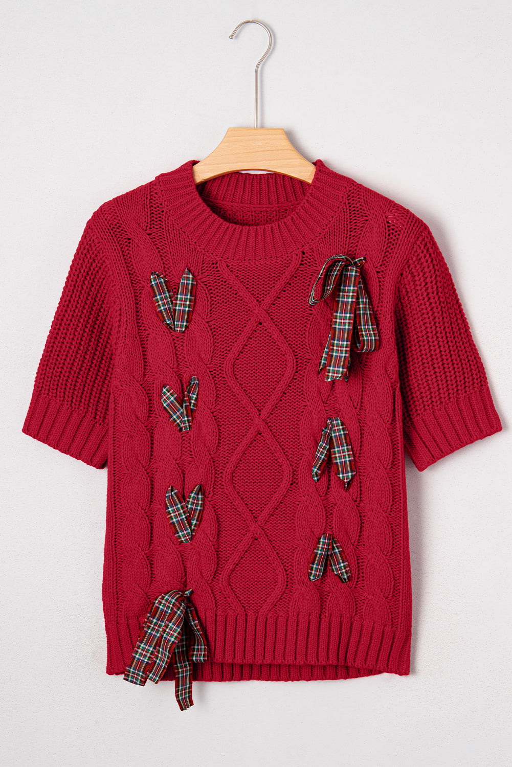 Fiery Red Plaid Lace-up Detail Christmas Holiday Puff Short Sleeve Sweater