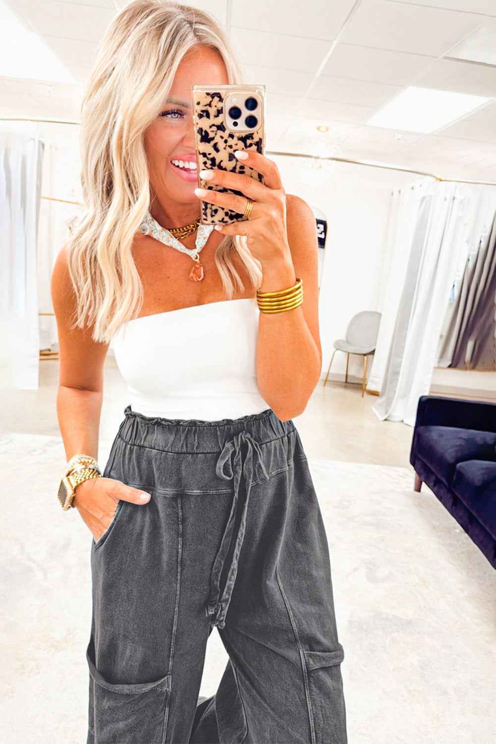 Medium Grey Mineral Wash Knot High Waist Raw Hem Pants 83b344227d785f83