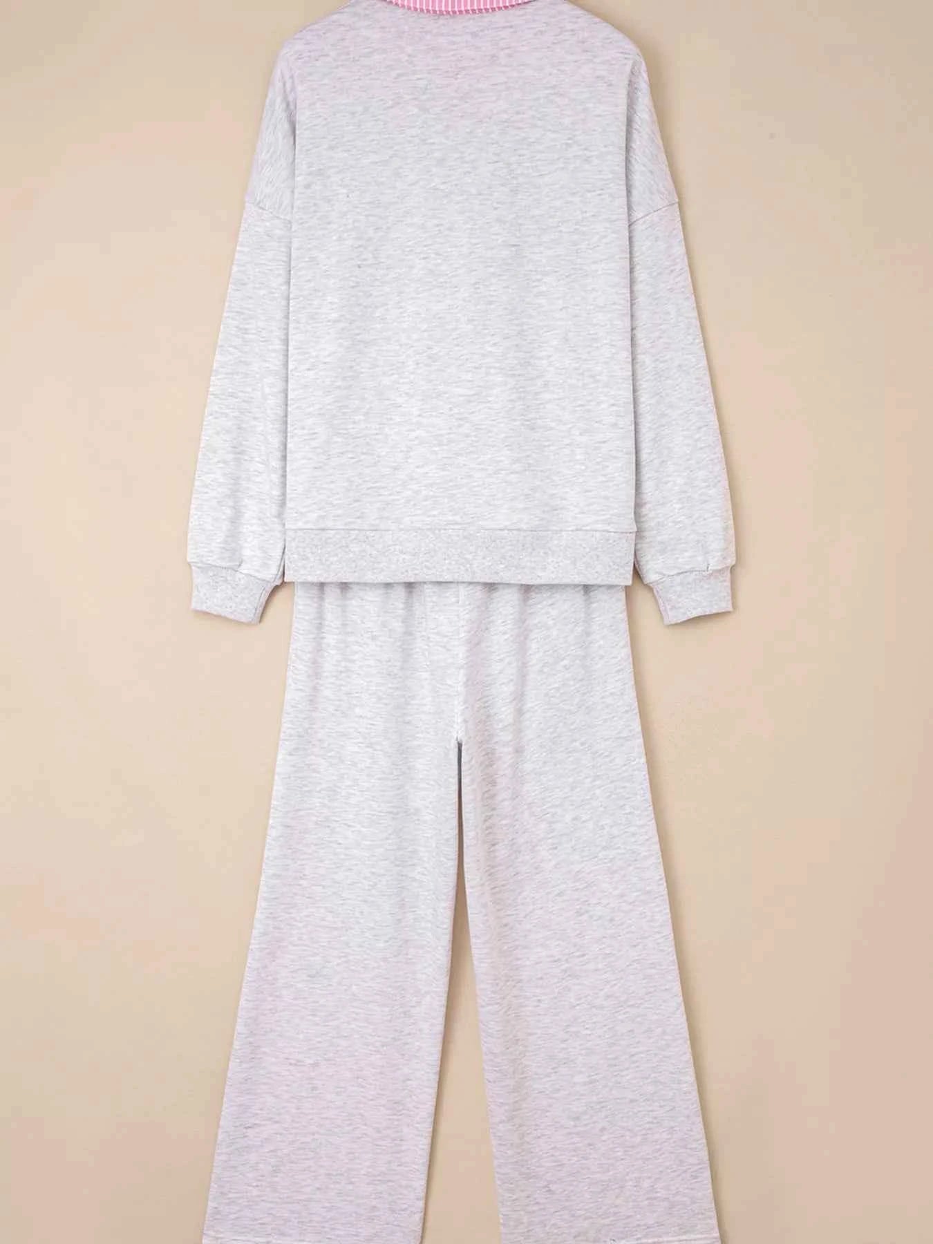 Contrasted Trim Frilled Collar Drop Shoulder Top and Drawstring Pant Set 83d347edb0544665b7a08c0391622f3c-Max-Origin