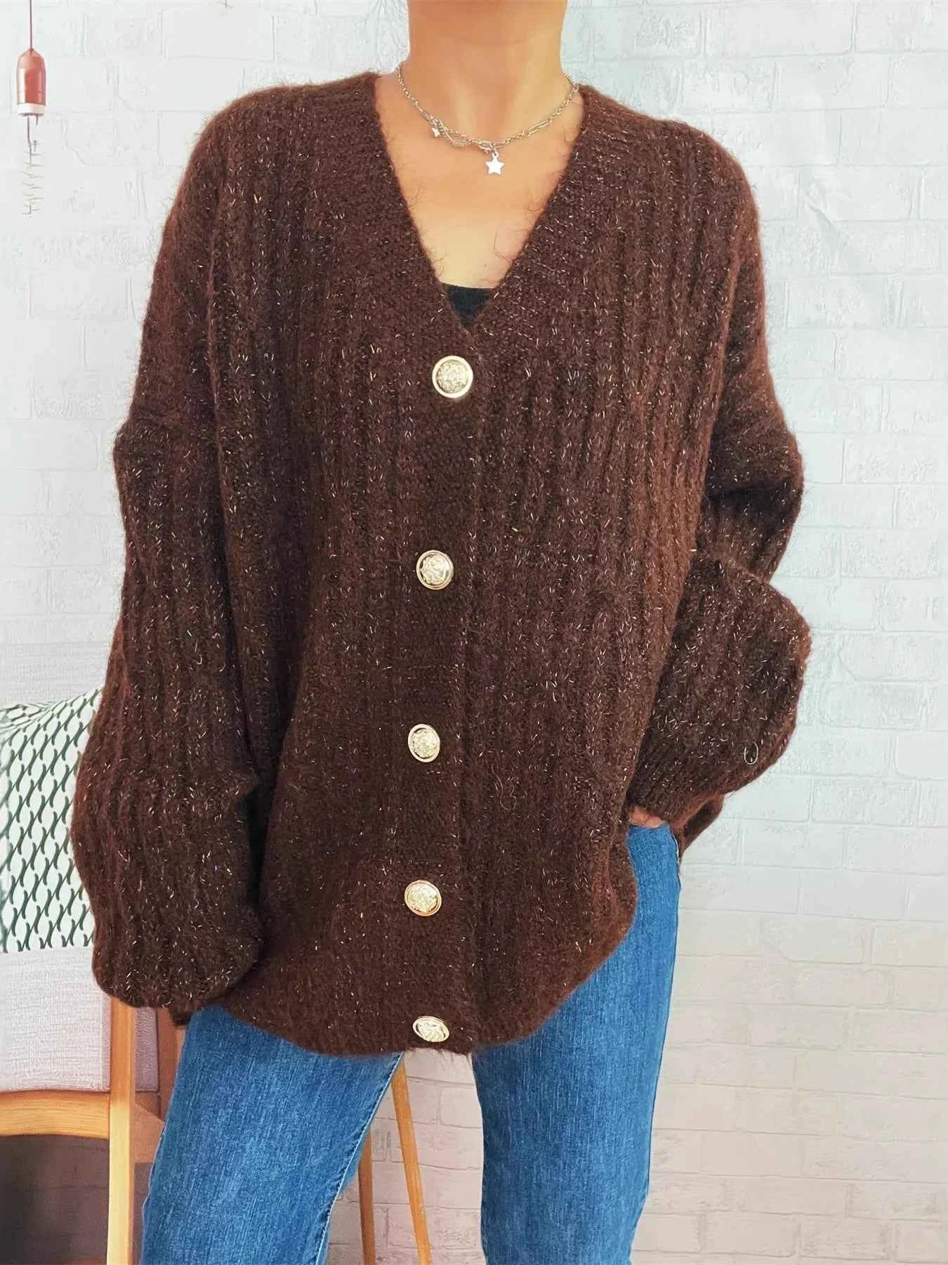 Cable Knit Button-Up Cardigan Brown One Size 8410e9aa416b4b059755ff9669a2c795-Max-Origin