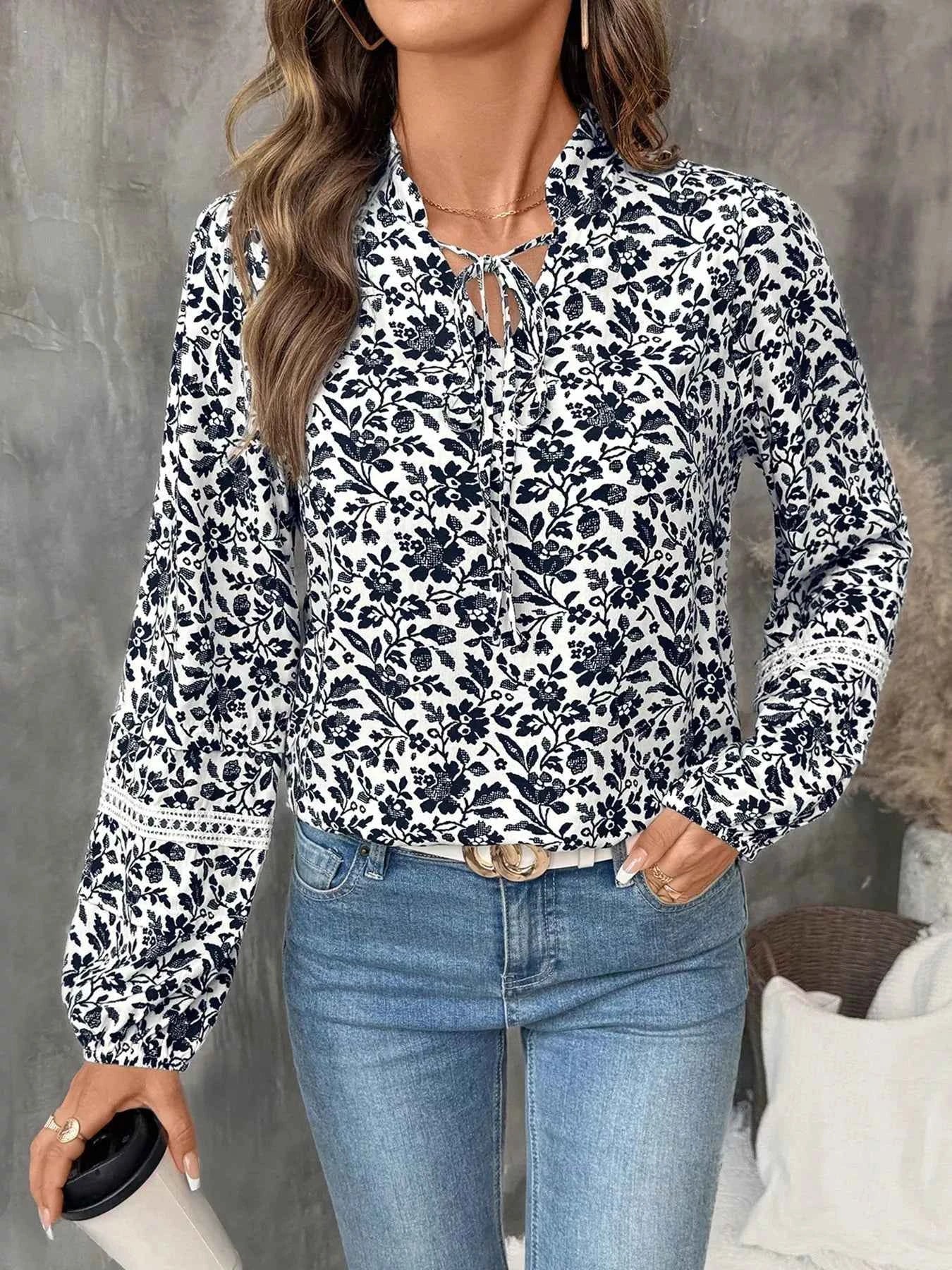 Printed Tie Neck Long Sleeve Blouse Navy 8413afe9d04b4d45a47d0284444bd8bb-Max-Origin
