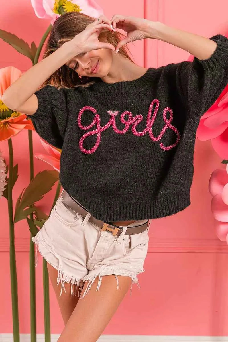 BiBi Metallic Letter Short Puff Sleeve Hairy Sweater