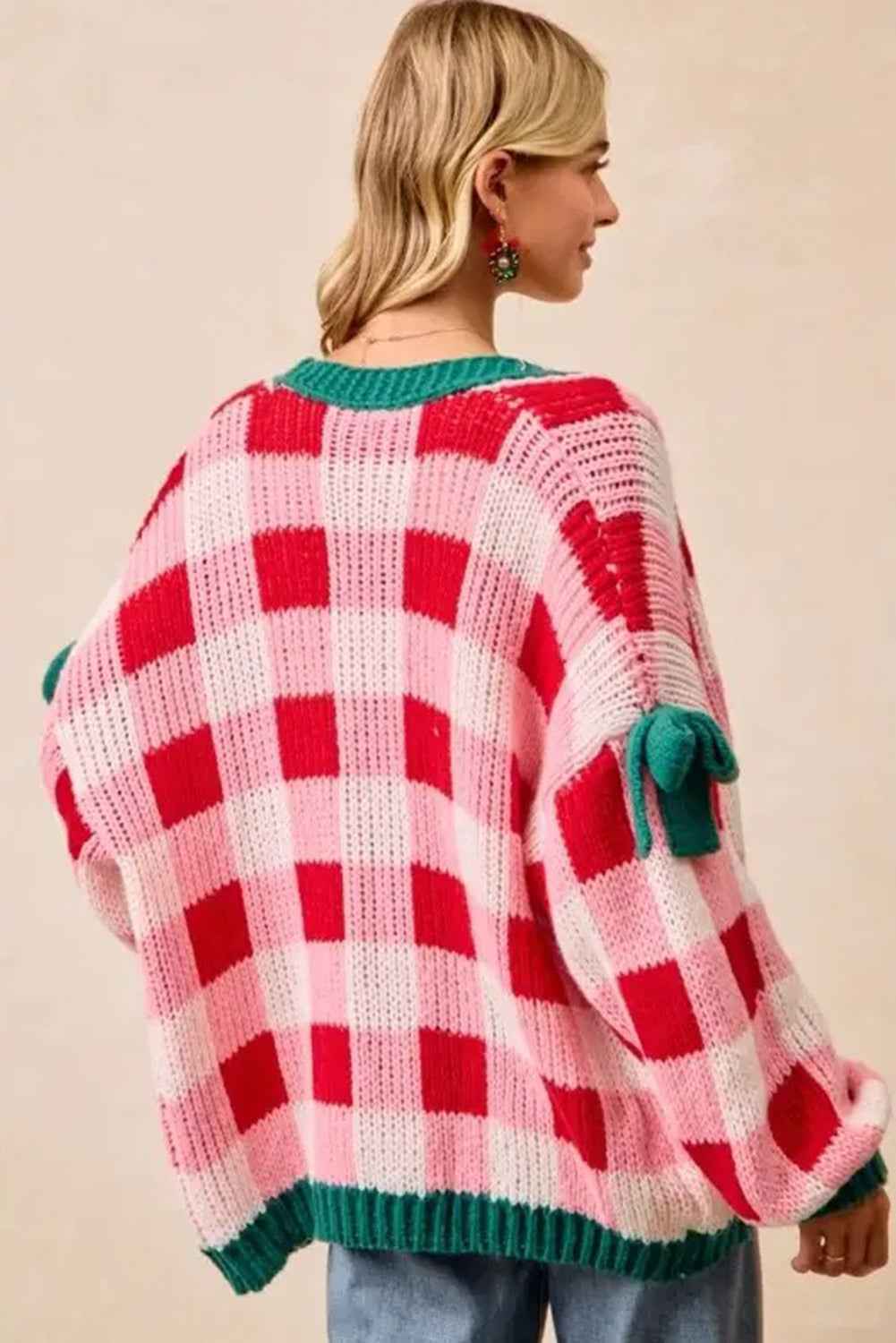 Pink Colorblock Checkered Open Front Knit Cardigan 8491b4d15e619bcd