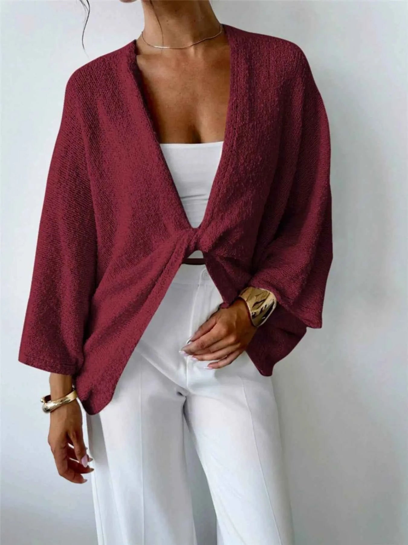 Twist-Front Textured Knit Cardigan Burgundy 84c601c3cfef4e33b925e8eb4e4e3083-Max-Origin