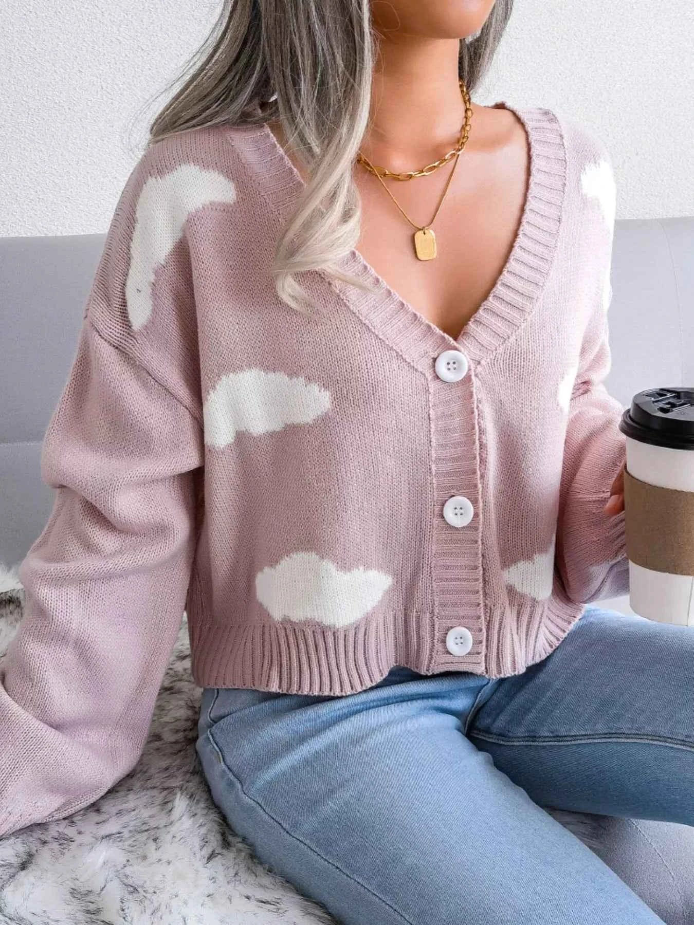 Cloud Pattern Button-Up Cropped Cardigan Dusty Pink 854df156-202d-42dd-acb1-1c74bc026b25-Max-Origin