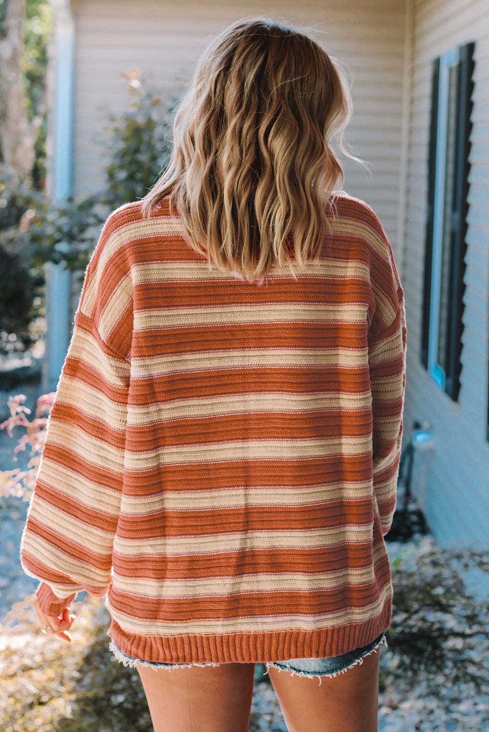 Orange Striped Ribbed Trim Drop Shoulder Sweater 8584c662e465e845