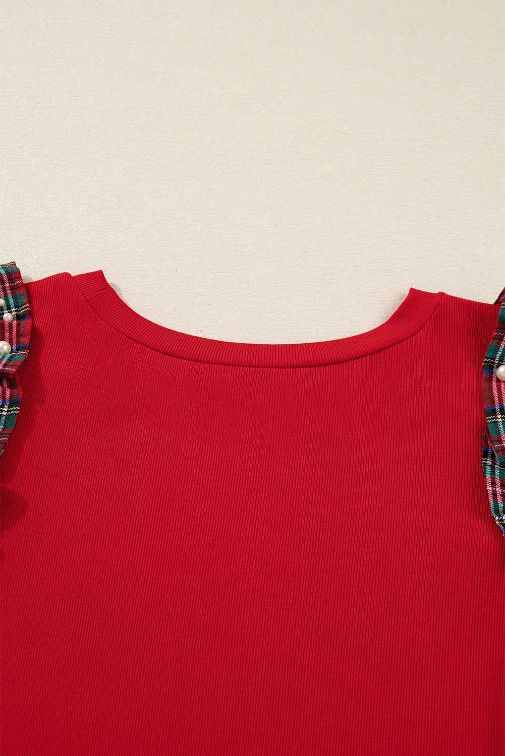 Racing Red Plaid Pearl Ruffled Sleeve Knitted Christmas Holiday Plus Size Top 85930134769046e0