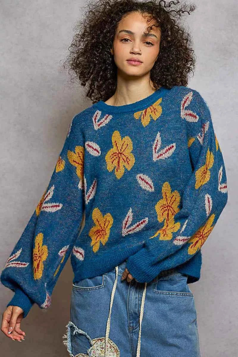POL Floral Pattern Round Neck Balloon Sleeve Sweater