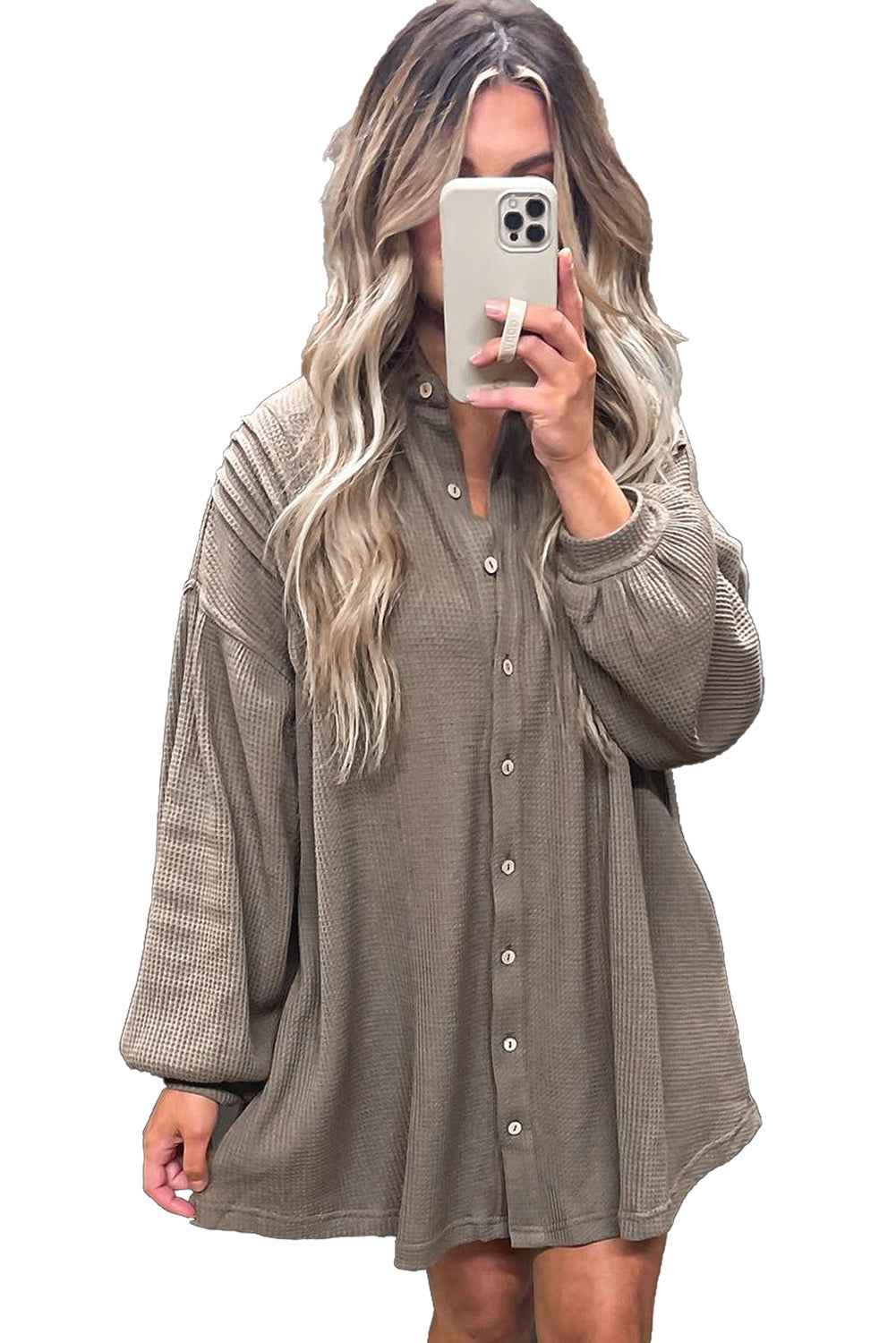 Simply Taupe Waffle Knit Shirt Tunic Mini Dress 85efc377401b0151