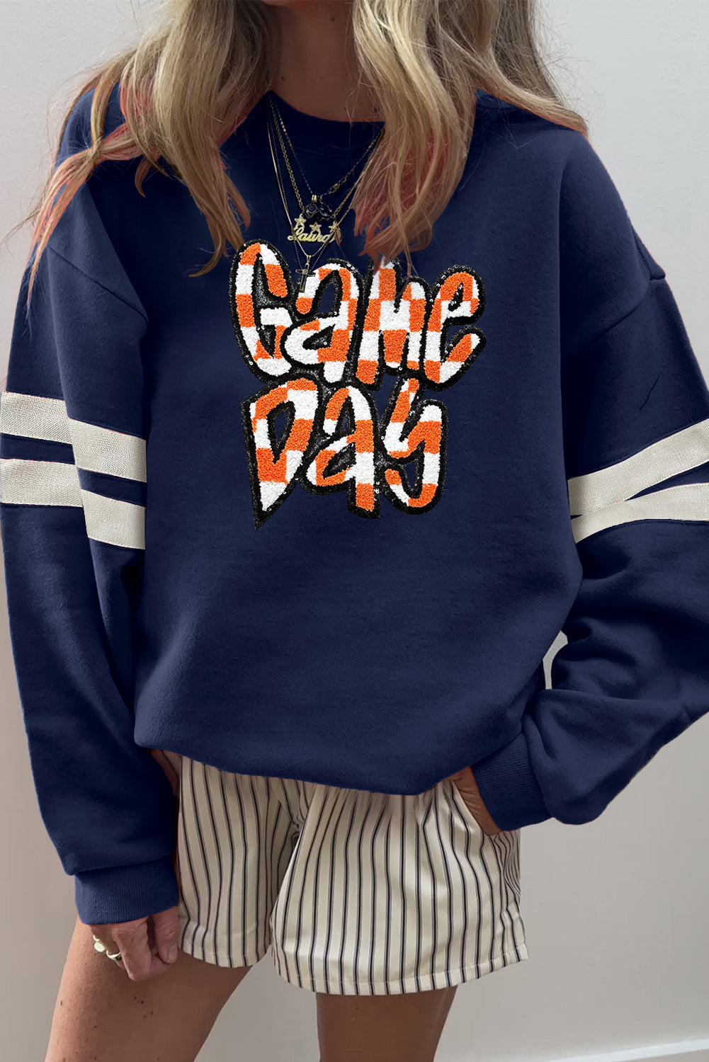 Navy Blue Game Day Chenille Checkered Letter Patch Application Oversized Varsity Sweatshirt 860449ce099f7ffe