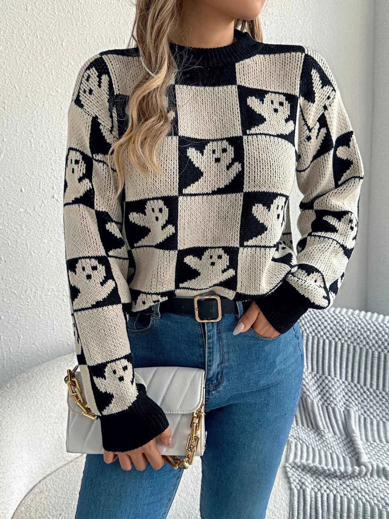Halloween Ghost Pattern Checkered Round Neck Sweater Apricot 8632dc35948f4c21b92c1ca027ffd4e5-Max-Origin