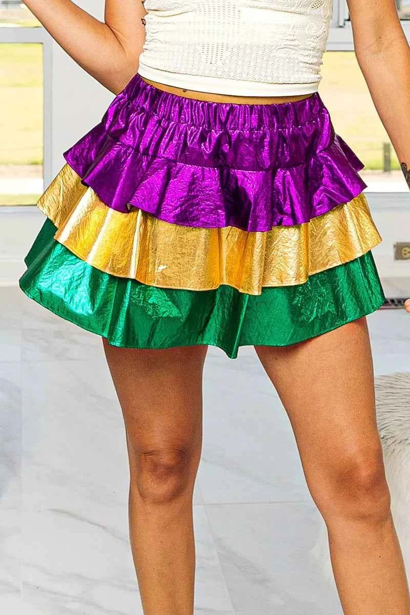 BiBi Mardi Gras Color Block Metallic Tiered Skirt