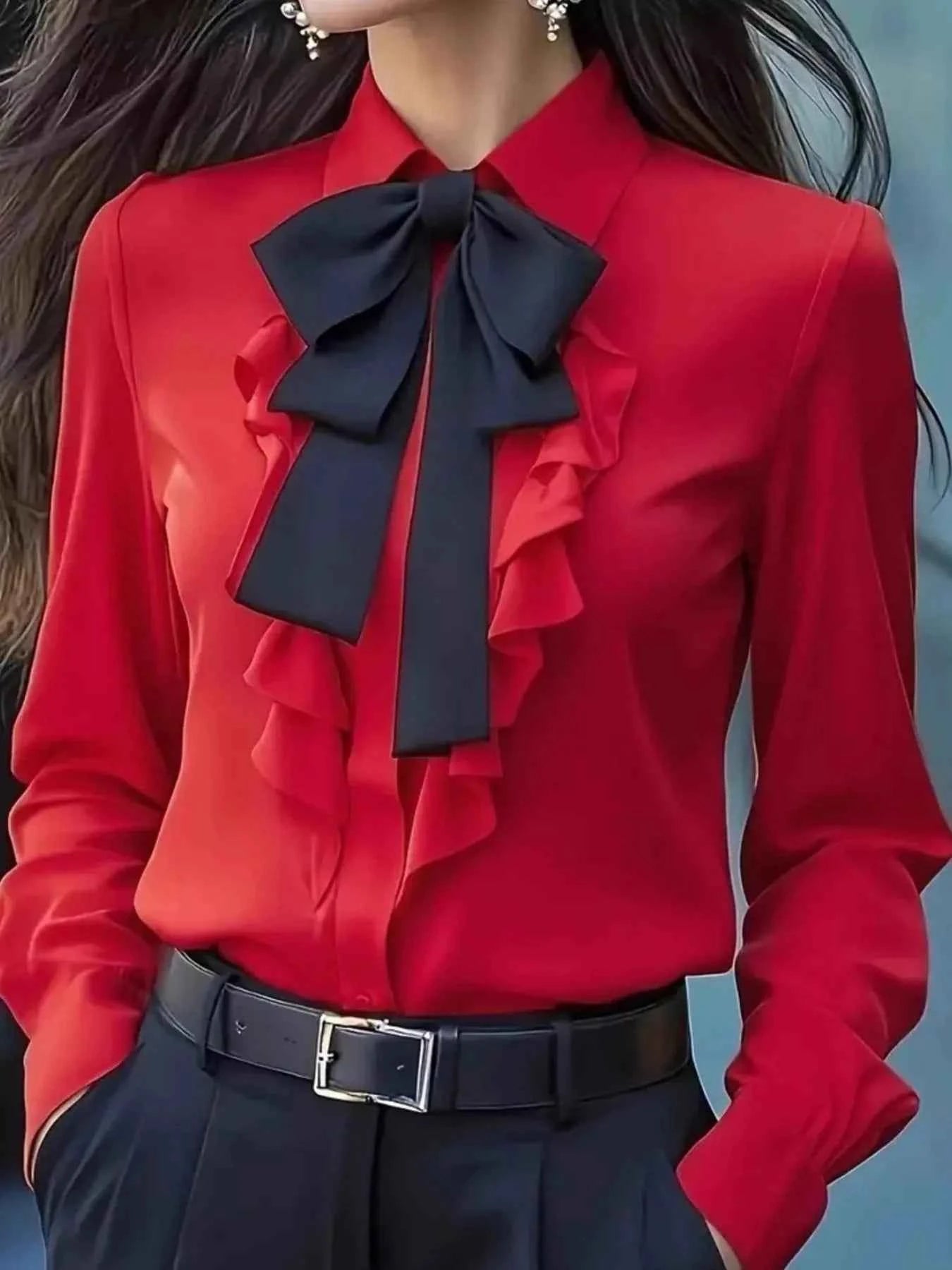 Ruffled Tie Front Long Sleeve Blouse Red 8670aa14-9ffd-4065-88fa-5c160bd02249-Max-Origin