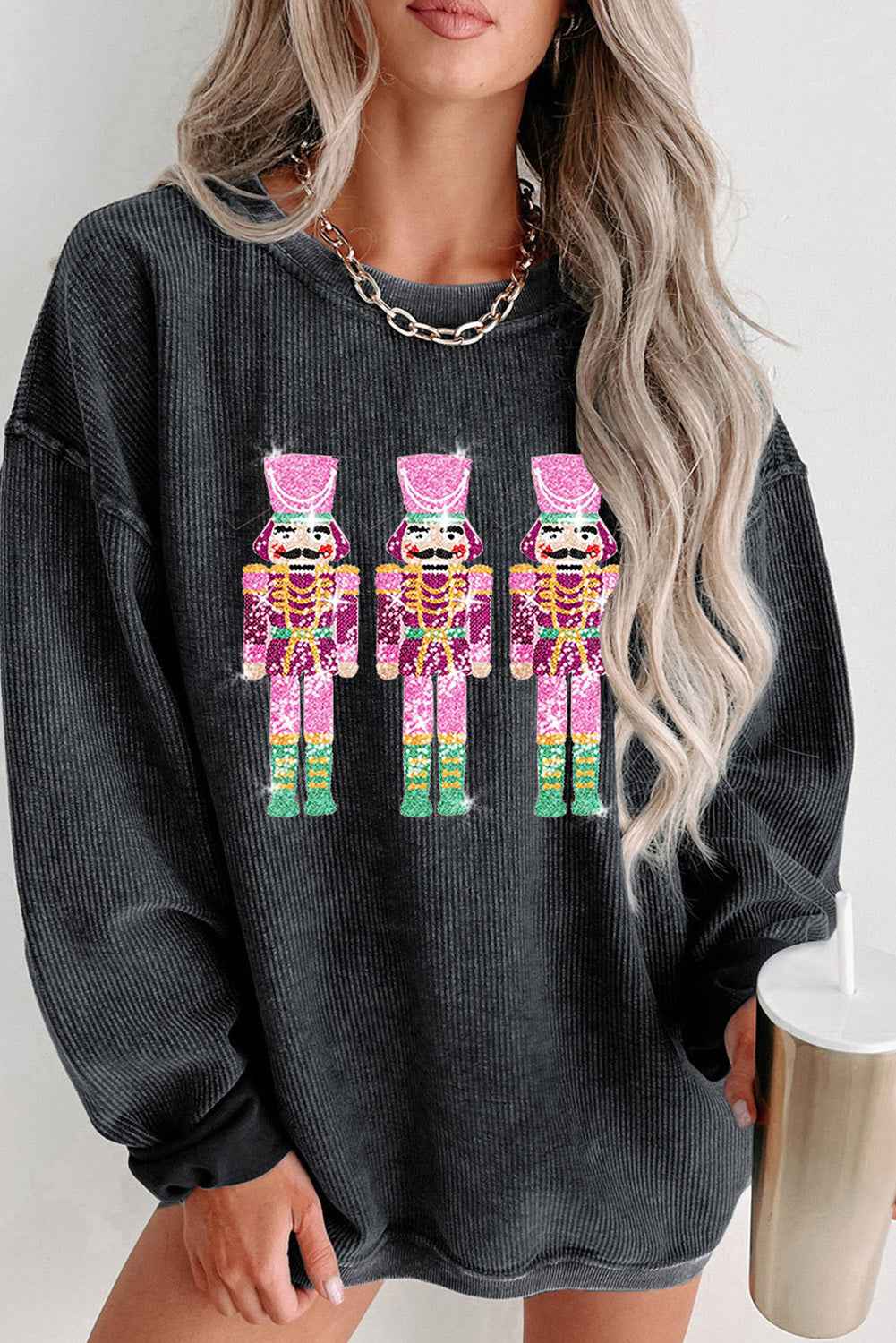 Black Nutcracker Graphic Sequins Patch Mineral Wash Corded Sweatshirt Black 100%Polyester 86e11fce61acb37a