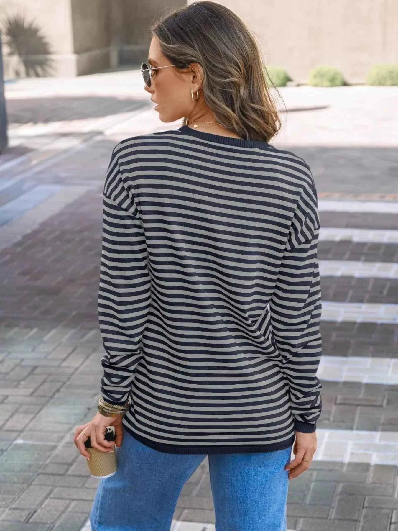 Striped Round Neck Long Sleeve Knit Top 86f91b63fc2845eea5be6d49b1d4f024-Max-Origin