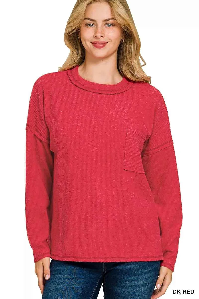 Zenana Ribbed Brushed Melange Hacci Sweater with Chest Pocket DK RED 86f9bfad64a9499983e50c2ae04a06f2-Max-Origin