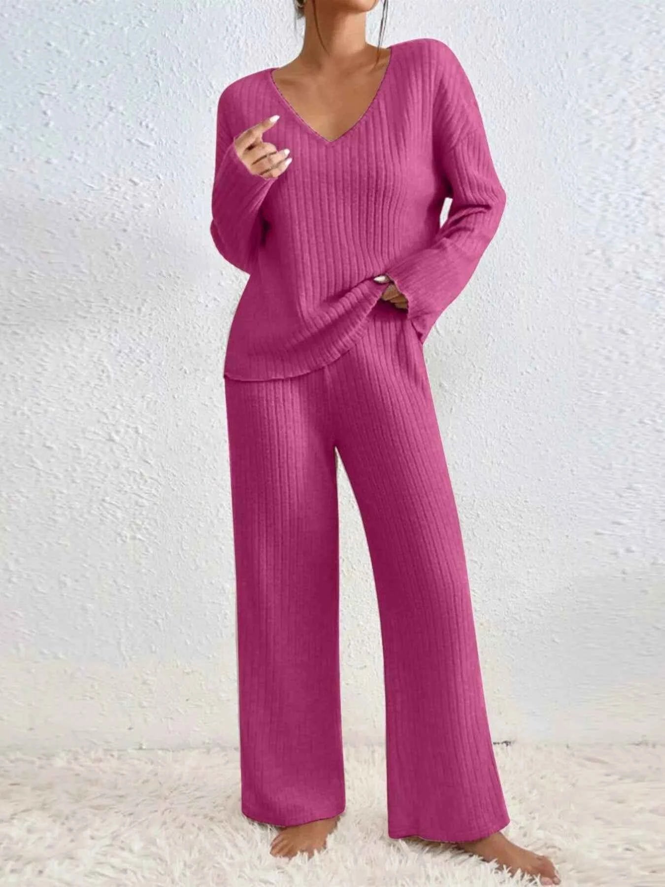 Ribbed V-Neck Top and Pants Set Hot Pink 881bad8c-fdf5-4693-9b56-affa66309b48-Max-Origin