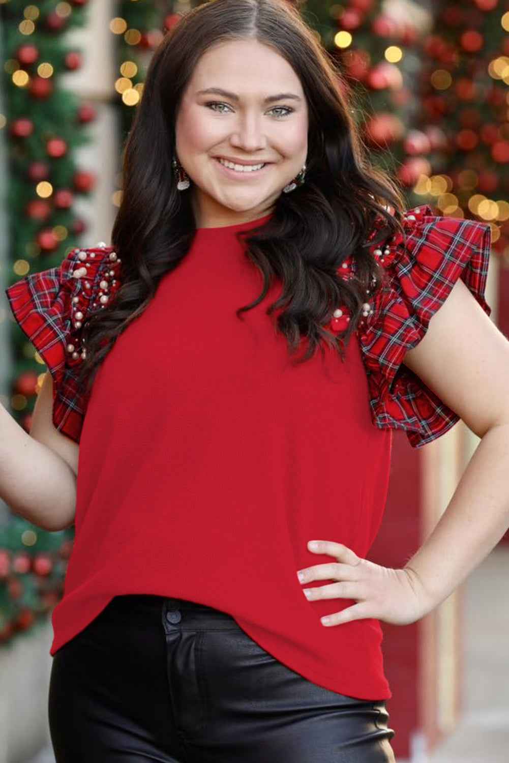 Racing Red Plaid Pearl Ruffled Sleeve Knitted Christmas Holiday Plus Size Top 884253908a3c744c