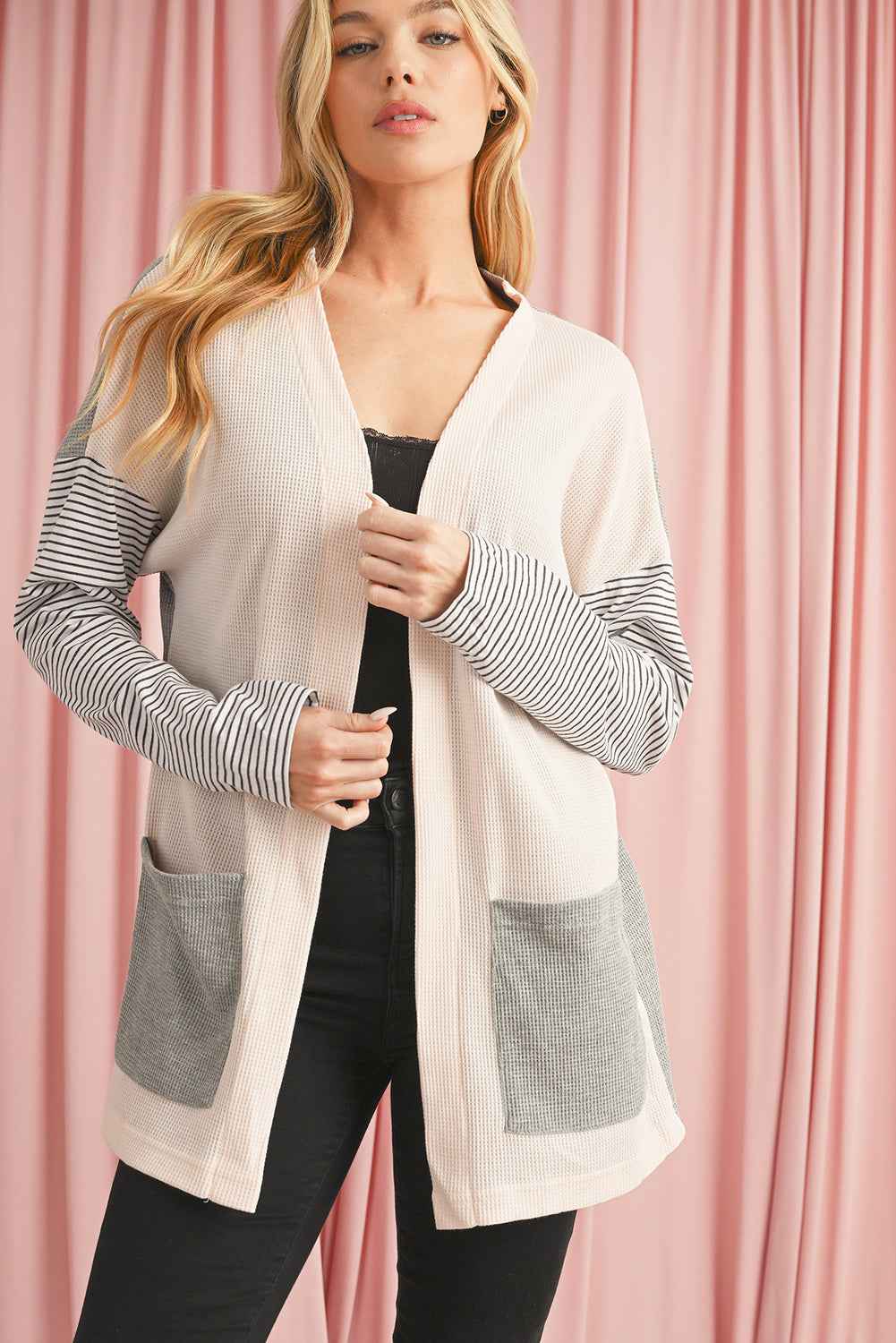 Black Striped Patchwork Pocket Open Front Cardigan 88b978c599325847