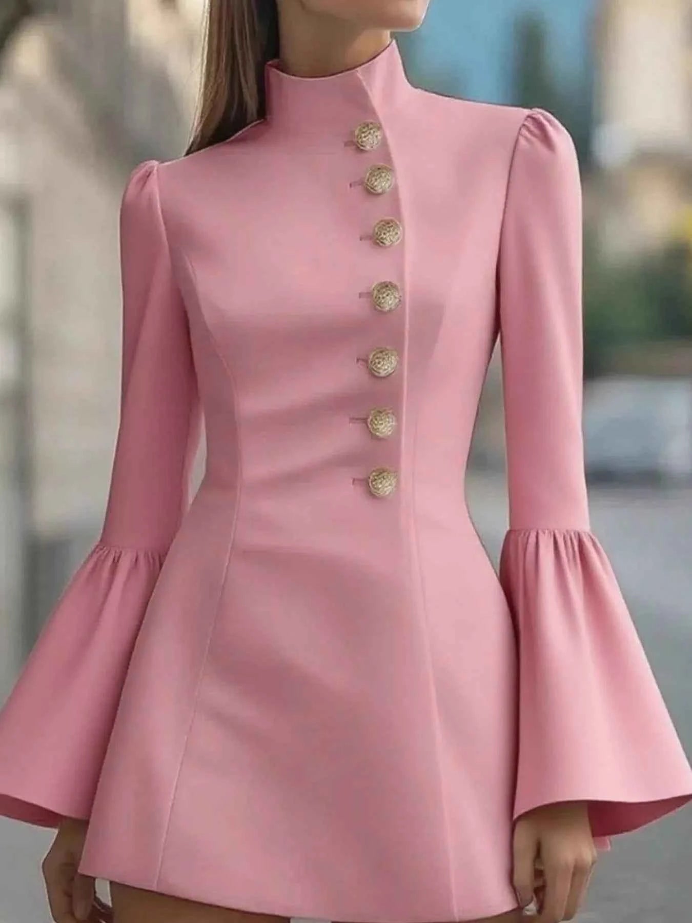 Bell Sleeve Mini Dress with Front Button Pink 88bfb73d-1ac5-4420-aaa3-9394709bb4b2-Max-Origin