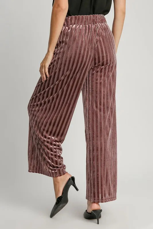 Umgee Full Size Elastic Waist Striped Wide Leg Velvet Pants 892f29b7-c26e-41ab-aebf-1c7f09ac8ba4-Max